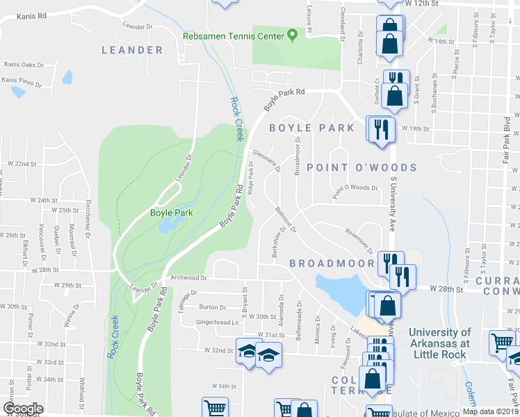 map of restaurants, bars, coffee shops, grocery stores, and more near 2305 Ridge Park Drive in Little Rock