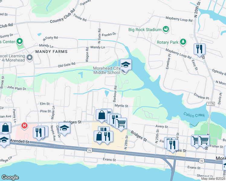 map of restaurants, bars, coffee shops, grocery stores, and more near 401 Barbour Road in Morehead City