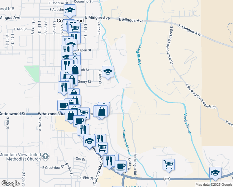 map of restaurants, bars, coffee shops, grocery stores, and more near 480 S Sawmill Gardens Dr in Cottonwood