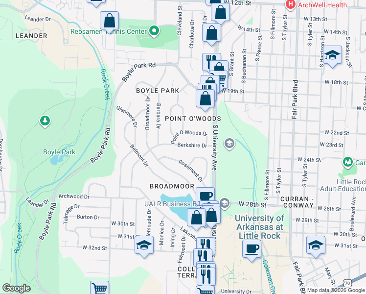 map of restaurants, bars, coffee shops, grocery stores, and more near 50 Berkshire Drive in Little Rock