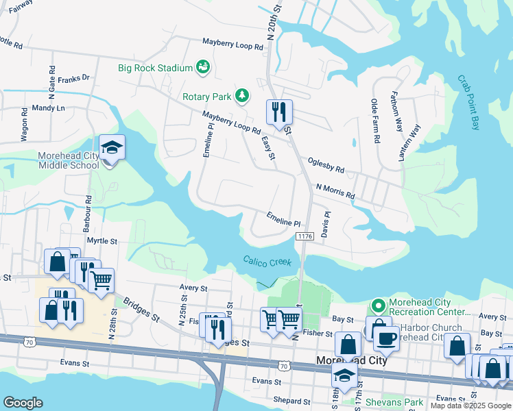 map of restaurants, bars, coffee shops, grocery stores, and more near 2300 Emeline Place in Morehead City