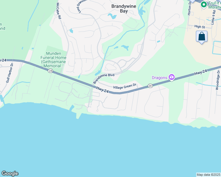 map of restaurants, bars, coffee shops, grocery stores, and more near 531 Village Green Drive in Morehead City