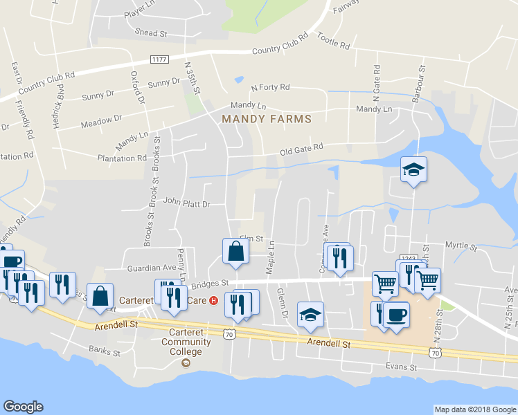 map of restaurants, bars, coffee shops, grocery stores, and more near 506 Asby Lane in Morehead City