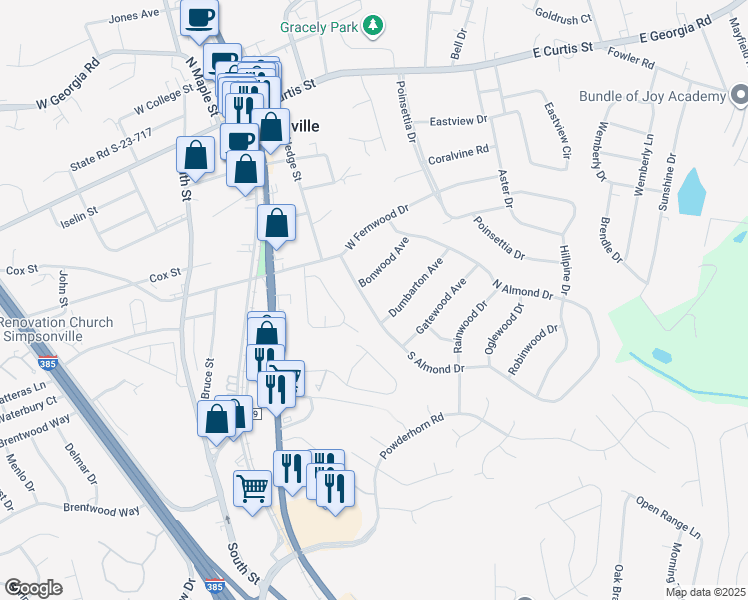 map of restaurants, bars, coffee shops, grocery stores, and more near 203 South Almond Drive in Simpsonville