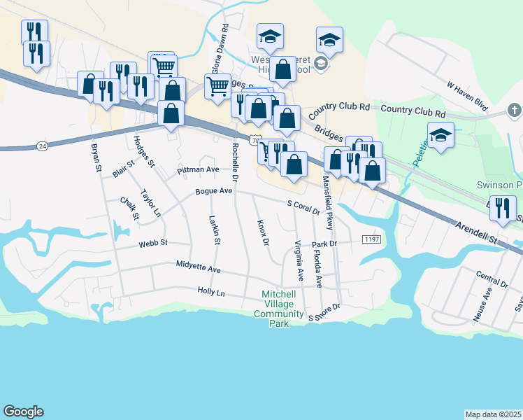 map of restaurants, bars, coffee shops, grocery stores, and more near 203 Knox Drive in Morehead City