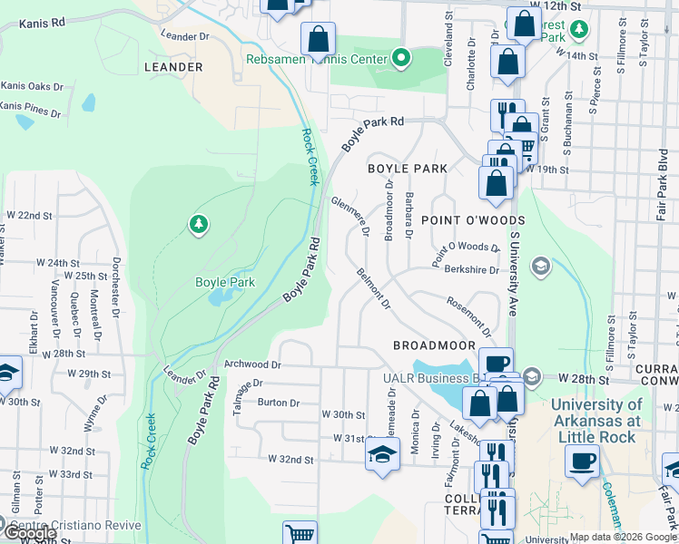 map of restaurants, bars, coffee shops, grocery stores, and more near 2305 Ridge Park Drive in Little Rock