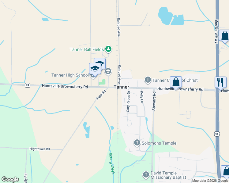 map of restaurants, bars, coffee shops, grocery stores, and more near 19664 Huntsville Brownsferry Road in Tanner