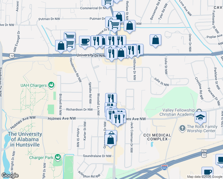 map of restaurants, bars, coffee shops, grocery stores, and more near 803 Jordan Lane Northwest in Huntsville