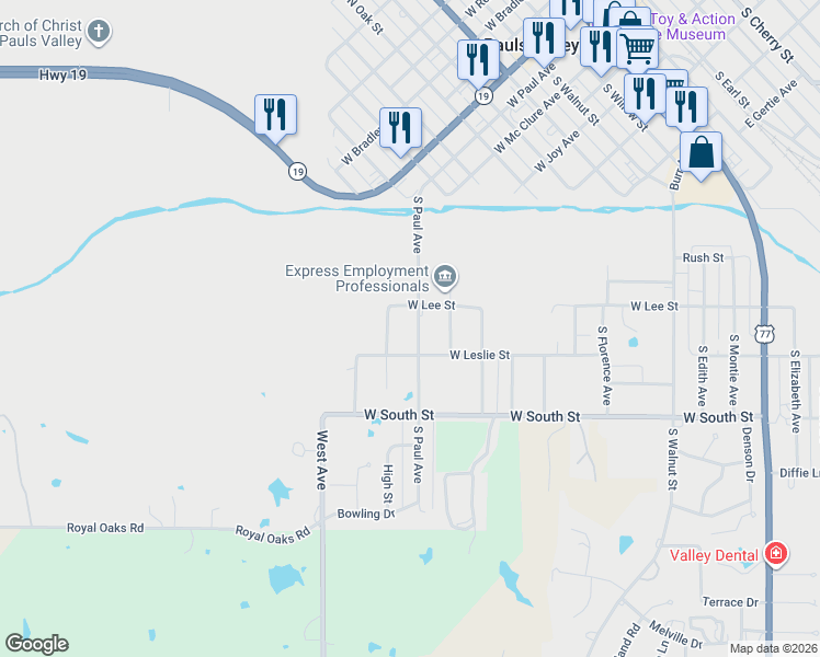 map of restaurants, bars, coffee shops, grocery stores, and more near 325 South Paul Avenue in Pauls Valley