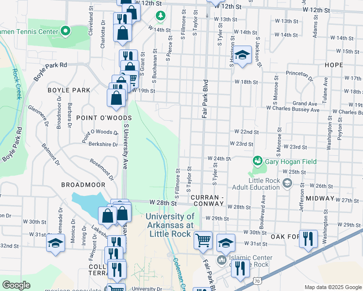 map of restaurants, bars, coffee shops, grocery stores, and more near 2301 South Fillmore Street in Little Rock