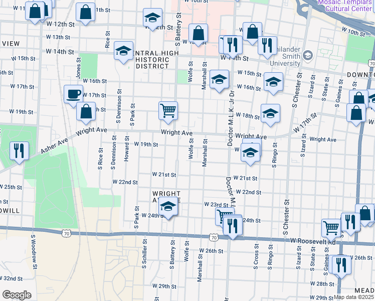 map of restaurants, bars, coffee shops, grocery stores, and more near 1900 Wolfe Street in Little Rock
