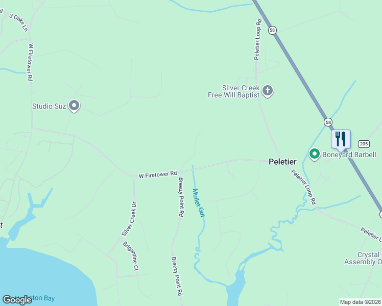 map of restaurants, bars, coffee shops, grocery stores, and more near 105 Silver Lake Court in Swansboro