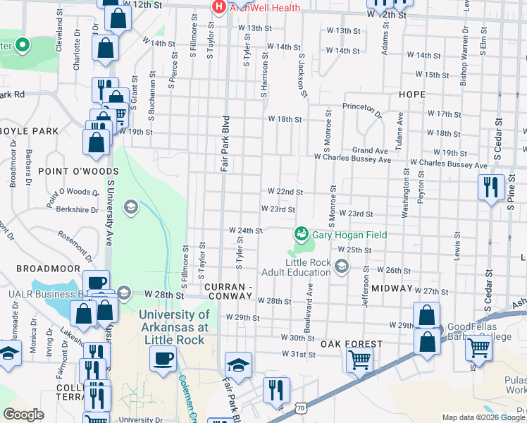 map of restaurants, bars, coffee shops, grocery stores, and more near 2301 South Harrison Street in Little Rock