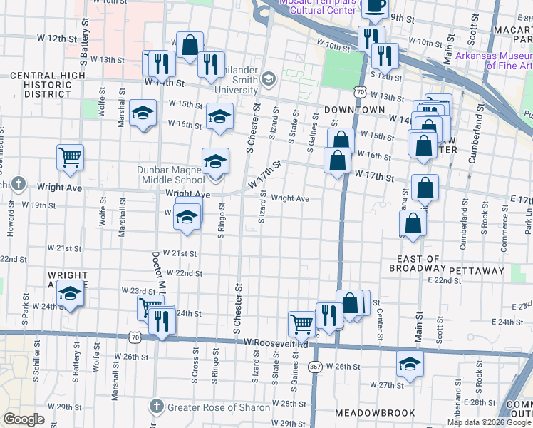 map of restaurants, bars, coffee shops, grocery stores, and more near 1871 South Izard Street in Little Rock