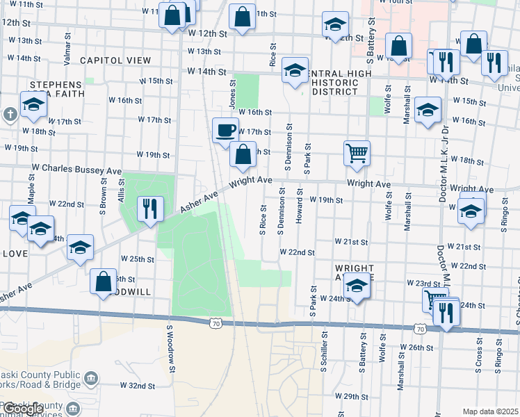 map of restaurants, bars, coffee shops, grocery stores, and more near 1912 South Rice Street in Little Rock