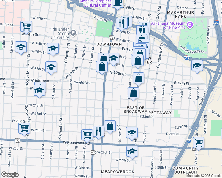 map of restaurants, bars, coffee shops, grocery stores, and more near 1816 South Spring Street in Little Rock