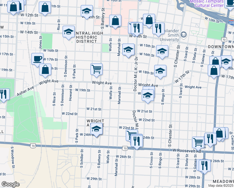 map of restaurants, bars, coffee shops, grocery stores, and more near 1900 Marshall Street in Little Rock