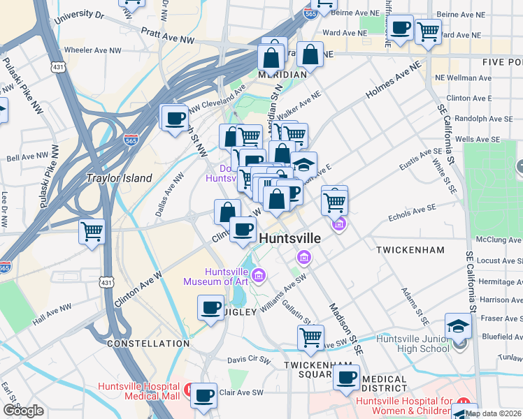map of restaurants, bars, coffee shops, grocery stores, and more near in Huntsville