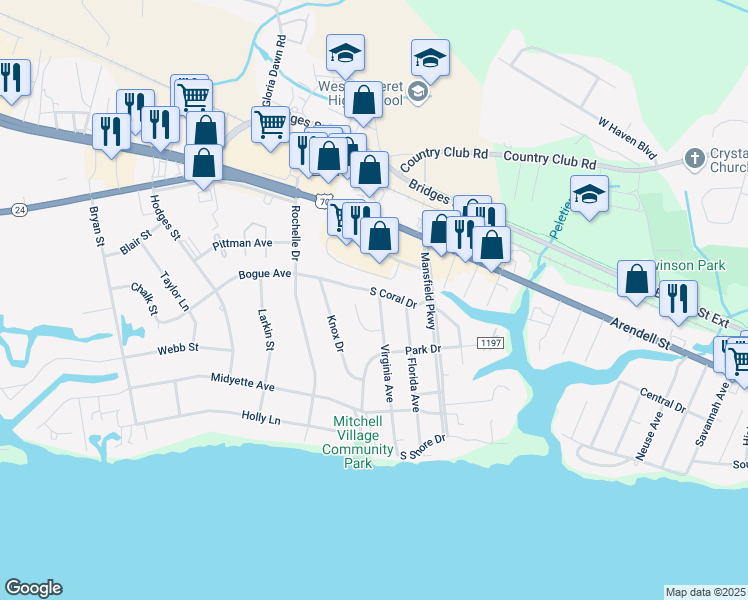 map of restaurants, bars, coffee shops, grocery stores, and more near 202 Virginia Avenue in Morehead City
