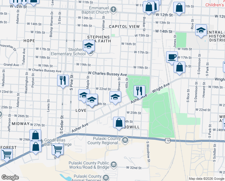 map of restaurants, bars, coffee shops, grocery stores, and more near 2201 South Martin Street in Little Rock