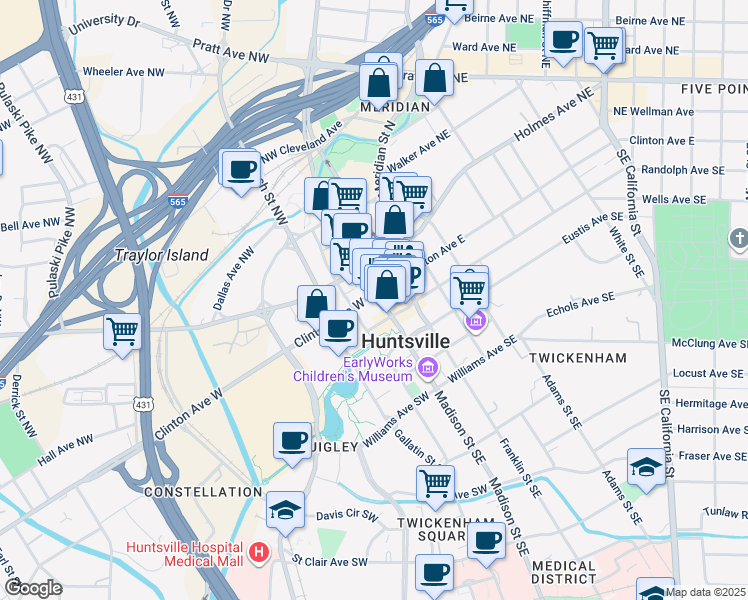 map of restaurants, bars, coffee shops, grocery stores, and more near in Huntsville