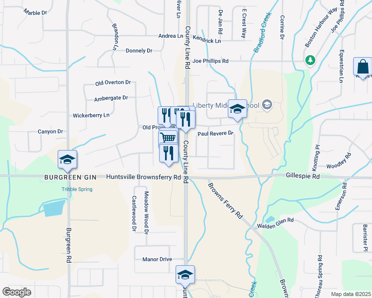 map of restaurants, bars, coffee shops, grocery stores, and more near 12100 County Line Road in Madison