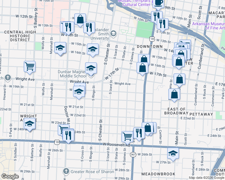 map of restaurants, bars, coffee shops, grocery stores, and more near 1871 South Izard Street in Little Rock