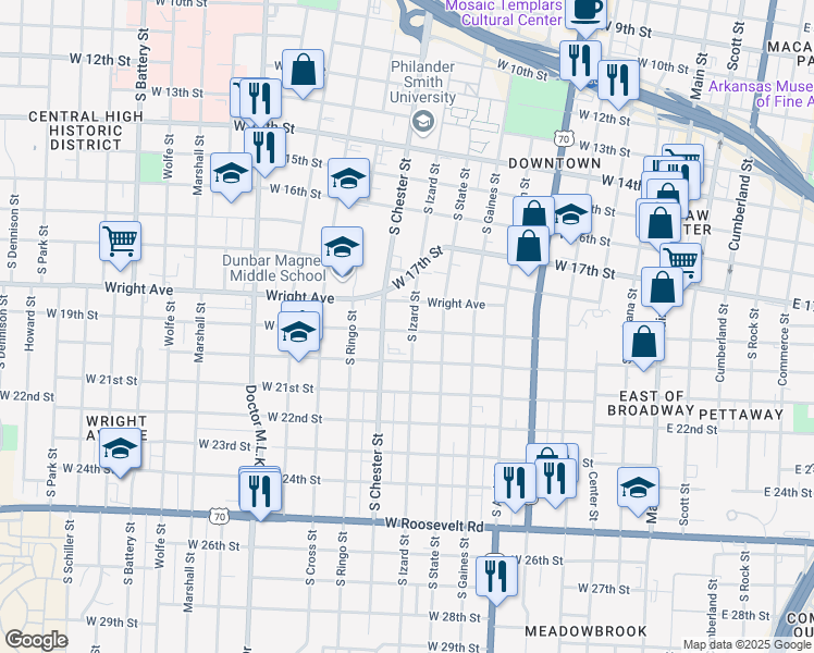map of restaurants, bars, coffee shops, grocery stores, and more near 1871 South Izard Street in Little Rock