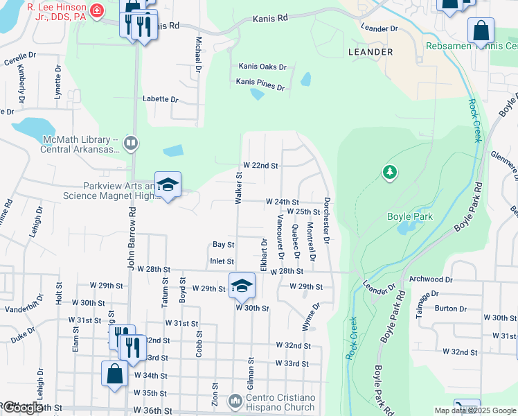 map of restaurants, bars, coffee shops, grocery stores, and more near 4 Cloie Circle in Little Rock