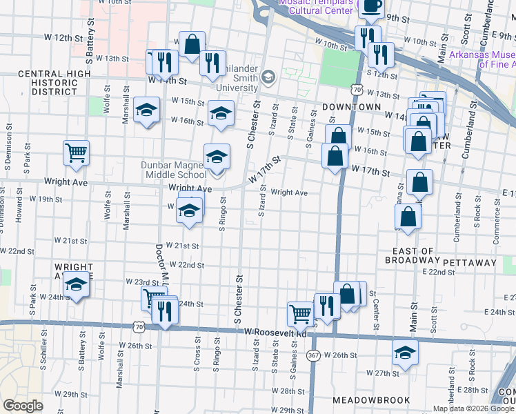 map of restaurants, bars, coffee shops, grocery stores, and more near 1871 South Izard Street in Little Rock