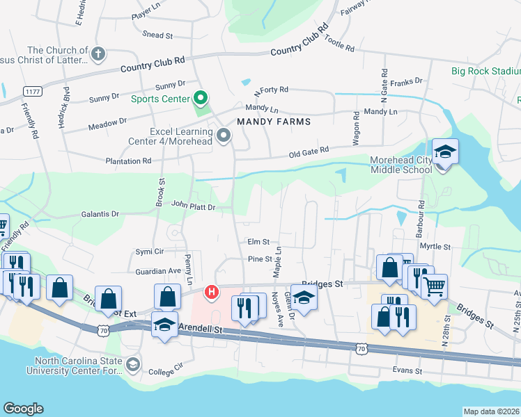 map of restaurants, bars, coffee shops, grocery stores, and more near Asby Lane in Morehead City