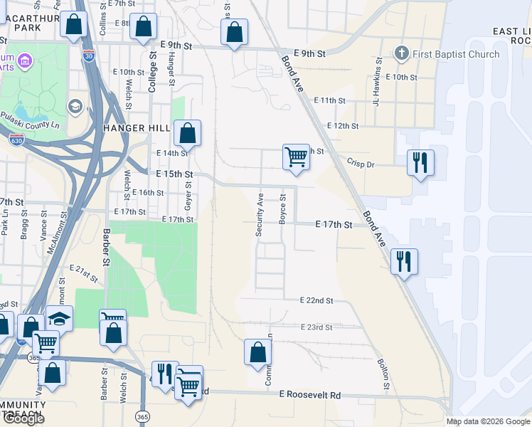 map of restaurants, bars, coffee shops, grocery stores, and more near 1609 Security Avenue in Little Rock
