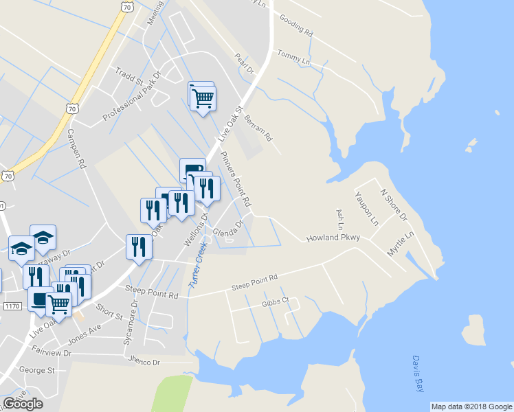 map of restaurants, bars, coffee shops, grocery stores, and more near 207 Pinners Point Road in Beaufort