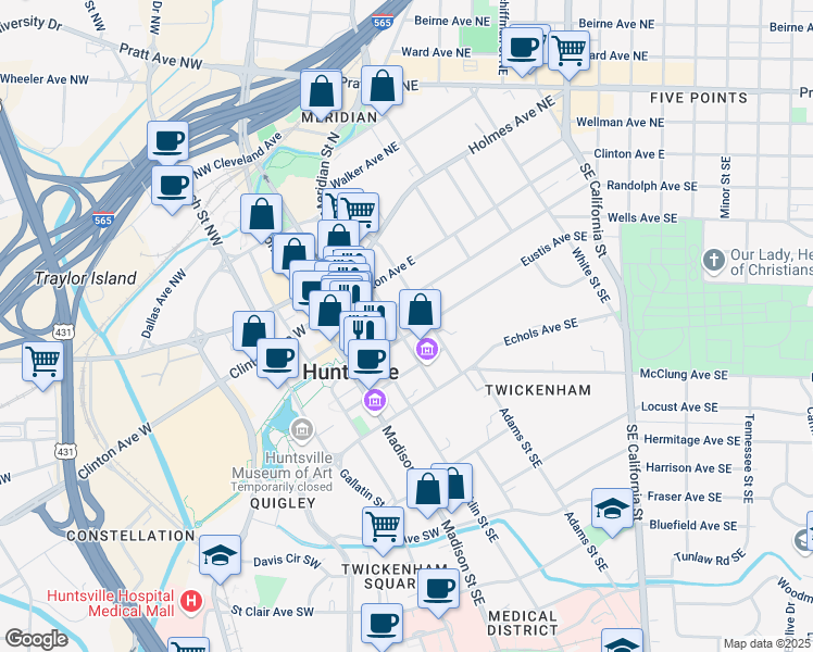 map of restaurants, bars, coffee shops, grocery stores, and more near 215 Greene Street Southeast in Huntsville