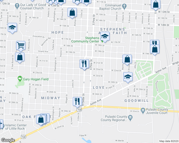 map of restaurants, bars, coffee shops, grocery stores, and more near 2210 South Pine Street in Little Rock