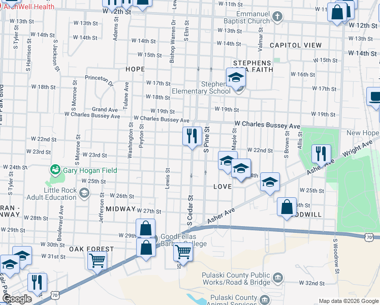 map of restaurants, bars, coffee shops, grocery stores, and more near 2210 South Cedar Street in Little Rock