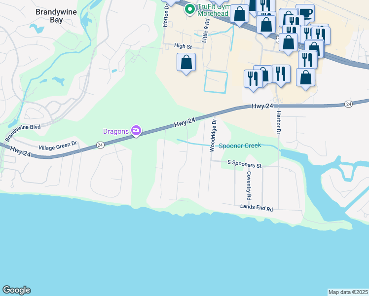 map of restaurants, bars, coffee shops, grocery stores, and more near 104 Phillips Landing Drive in Morehead City