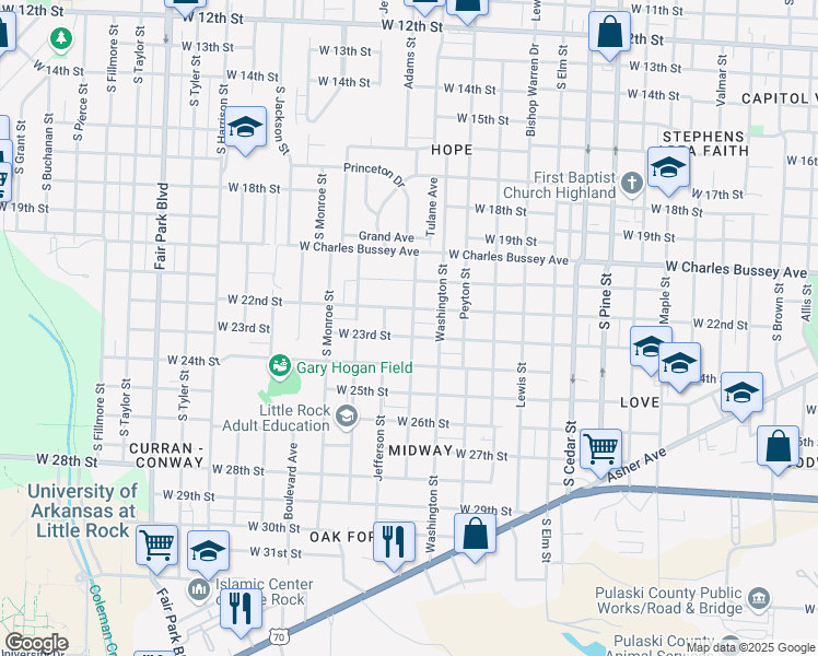 map of restaurants, bars, coffee shops, grocery stores, and more near 4600 West 23rd Street in Little Rock