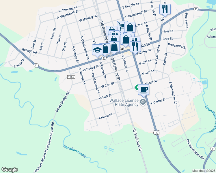 map of restaurants, bars, coffee shops, grocery stores, and more near 405 South Raleigh Street in Wallace