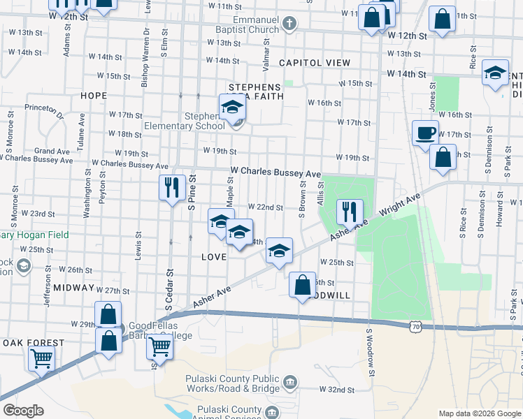 map of restaurants, bars, coffee shops, grocery stores, and more near 2200 Valmar Street in Little Rock