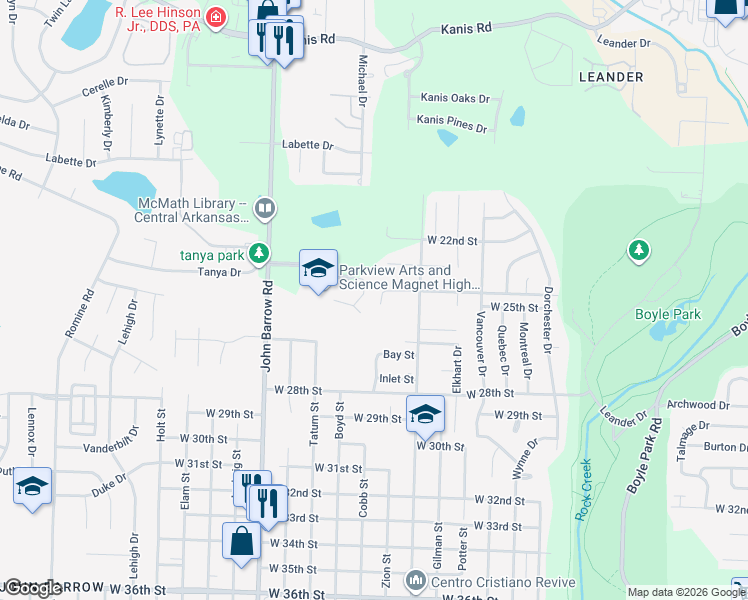map of restaurants, bars, coffee shops, grocery stores, and more near 2402 Covenant Cove in Little Rock