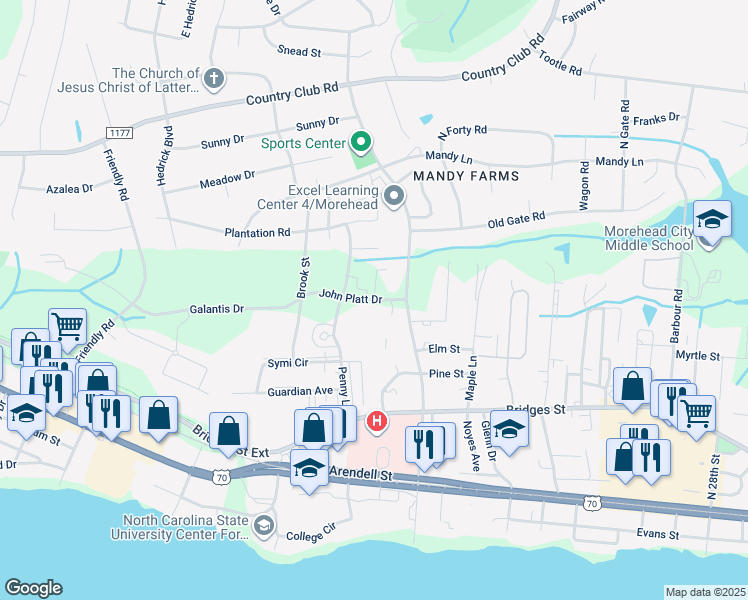 map of restaurants, bars, coffee shops, grocery stores, and more near 3533 John Platt Drive in Morehead City