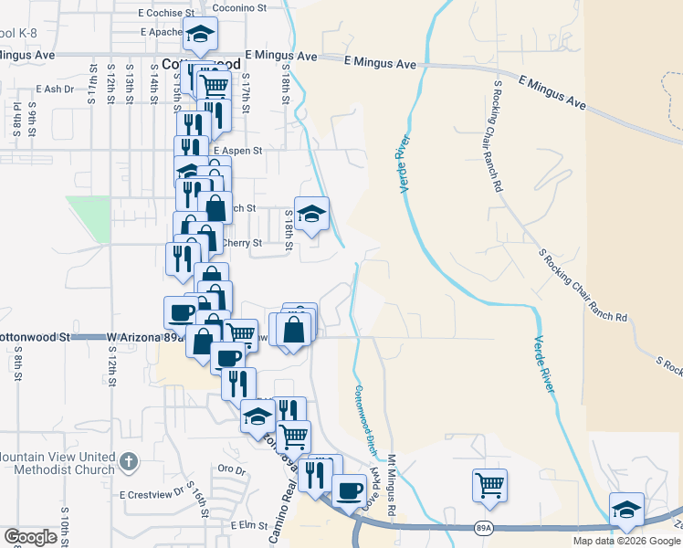 map of restaurants, bars, coffee shops, grocery stores, and more near 480 S Sawmill Gardens Dr in Cottonwood