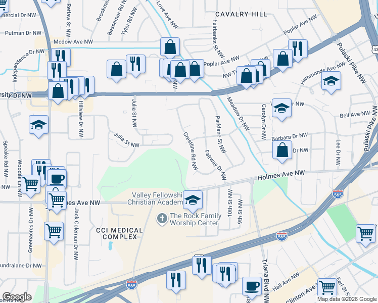 map of restaurants, bars, coffee shops, grocery stores, and more near 915 Crestline Road Northwest in Huntsville