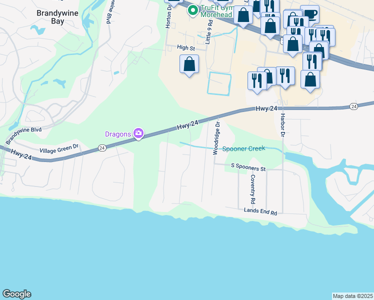 map of restaurants, bars, coffee shops, grocery stores, and more near 104 Phillips Landing Drive in Morehead City
