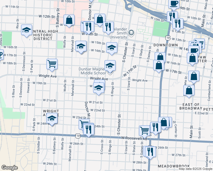 map of restaurants, bars, coffee shops, grocery stores, and more near 1870 South Ringo Street in Little Rock
