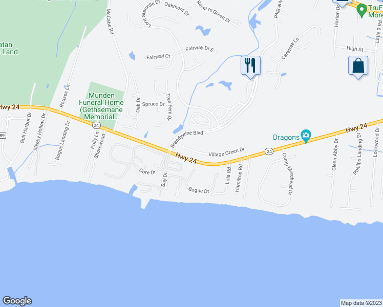 map of restaurants, bars, coffee shops, grocery stores, and more near 535 Village Green Drive in Morehead City