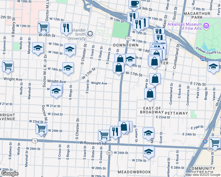 map of restaurants, bars, coffee shops, grocery stores, and more near 1862 South Arch Street in Little Rock