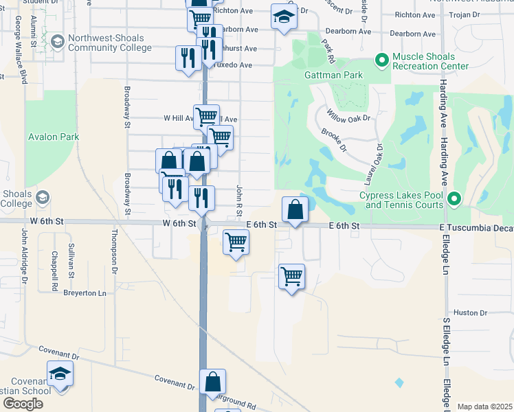 map of restaurants, bars, coffee shops, grocery stores, and more near 700-798 Candler Avenue in Muscle Shoals