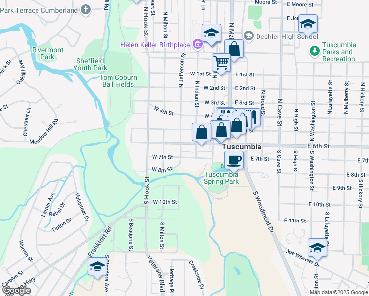 map of restaurants, bars, coffee shops, grocery stores, and more near 401 West 6th Street in Tuscumbia
